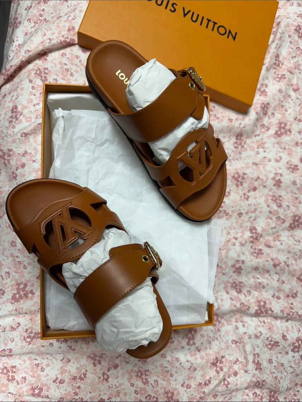 Authentic Louis Vuitton Brown Leather LV Logo Slide Sandals with Gold Buckle